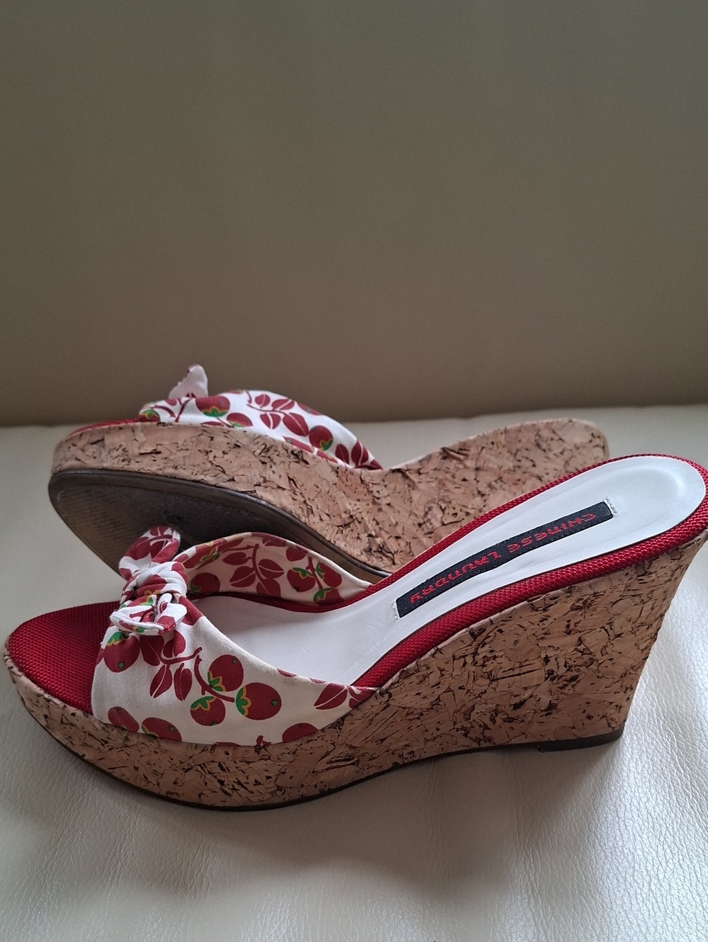 Chinese Laundry Red Cherry Print Cork Wedge Sandals